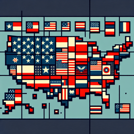 Drapeau national des USA en fond d'un patchwork des États américains..
Single Game Texture. In-Game asset. 2d. Blank background. High contrast. No shadows.