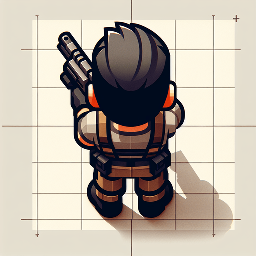 top down character with gun de dos.
Single Game Texture. In-Game asset. 2d. Blank background. High contrast. No shadows. topdown shooter