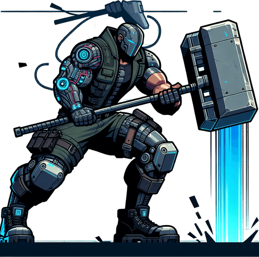 a cyberpunk bodybuilder with a sledgehammer.
Single Game Texture. In-Game asset. 2d. Blank background. High contrast. No shadows.