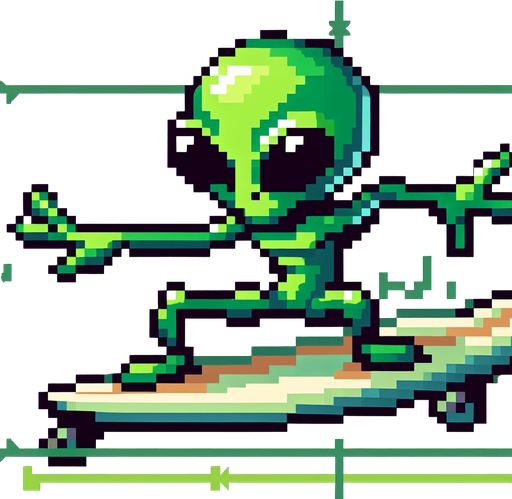 pixelart. a cool green alien in side perspective, surfing on a surfboard, arms out wide for balance. the alien should have a determined grin on his face, but not be scary looking. the alien should be green but could have multiple eyes, tentacles, or other unexpected features..
Single Game Texture. In-Game asset. 2d. Blank background. High contrast. No shadows.