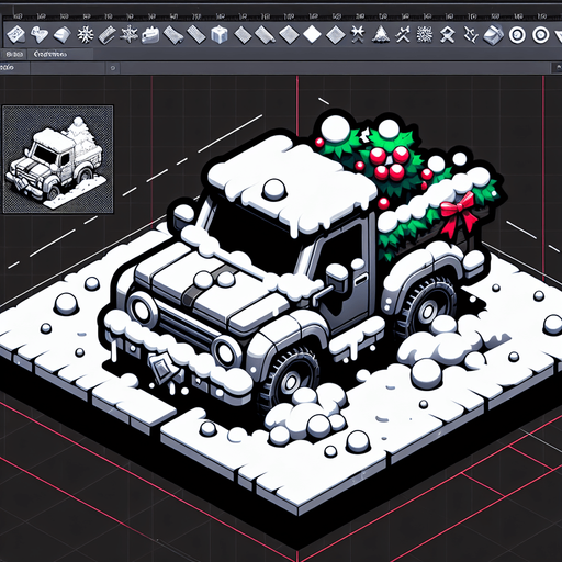 2d diagonal christmas car or truck in snow Single Game Texture. In-Game asset. 2d. Blank background. High contrast. No shadows.