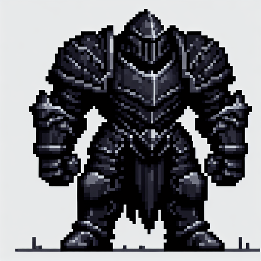 a colossal menacing black knight in heavy armor. pixelart game sprite. front view. Single Game Texture. In-Game asset. 2d. Blank background. High contrast. No shadows.