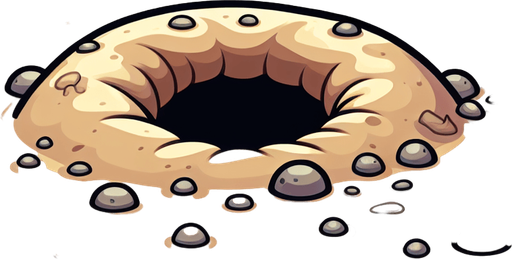 Create a cartoon-style illustration of a crab hole in the sand (without the crab, just the hole).
Single Game Texture. In-Game asset. 2d. Blank background. High contrast. No shadows.