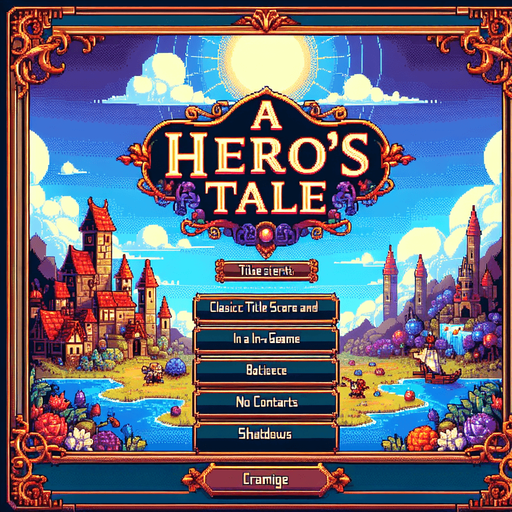 "A Hero's Tale" title screen text I want the art style to reflect a classic 16-bit retro pixel art aesthetic, reminiscent of early 1990s RPGs with vibrant colors. The environment should have a rich, fantasy-themed design with intricate backgrounds and a nostalgic, old-school feel..
Single Game Texture. In-Game asset. 2d. Blank background. High contrast. No shadows.