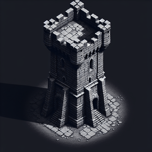 a medieval style stone tower. top down view. Single Game Texture. In-Game asset. 2d. Blank background. High contrast. No shadows.