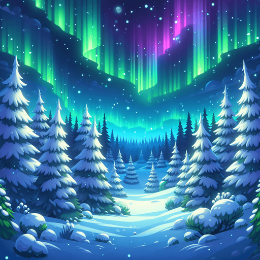 Cartoon Christmas outdoor scene. Forest, northern lights.
Single Game Texture. In-Game asset. 2d. Blank background. High contrast. No shadows.