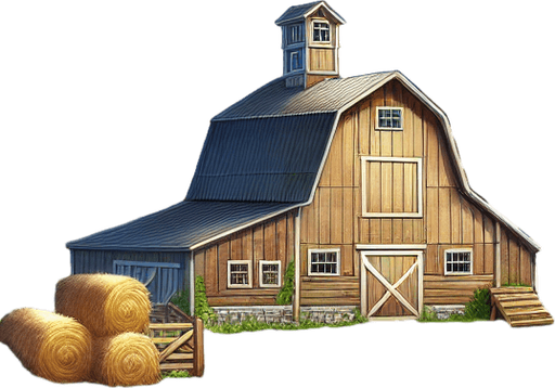 A farm background image.
Single Game Texture. In-Game asset. 2d. Blank background. High contrast. No shadows.