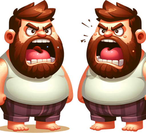 small figure of one funny and fat angry man, with brown beard and open mouth,   2d game character.
Single Game Texture. In-Game asset. 2d. Blank background. High contrast. No shadows.