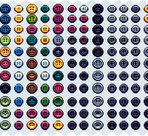 Create a sprite sheet featuring various sewing buttons. Each button should be distinct, with a cohesive color scheme. The style should be detailed pixel art, reminiscent of classic 8-bit era video game. Arrange the components on a dark background, with each part neatly aligned in rows and columns for easy identification and use in game development..
Single Game Texture. In-Game asset. 2d. Blank background. High contrast. No shadows.