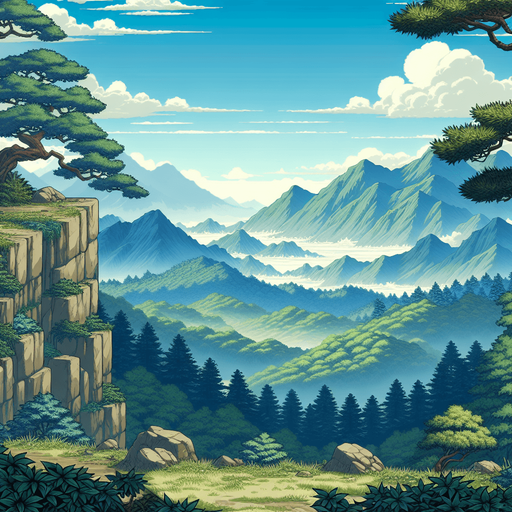 a tileable japanees ninja game landscape background with montains far and cliff edge in the foreground.