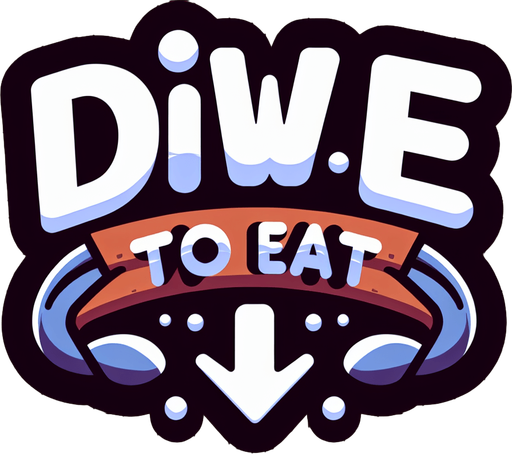 three words 'dive to eat' in a cartoonish style with an arrow pointing down.
Single Game Texture. In-Game asset. 2d. Blank background. High contrast. No shadows.