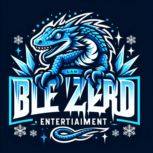 logo for a company called "blue lizard entertainment" using a damaged font and frozen elements.