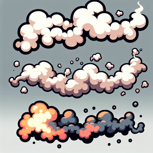 Create a cartoon-style illustration of smoke..
Single Game Texture. In-Game asset. 2d. Blank background. High contrast. No shadows.