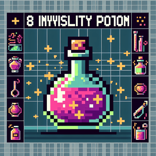 8-bit pixelated invisibility potion powerup.
Single Game Texture. In-Game asset. 2d. Blank background. High contrast. No shadows.