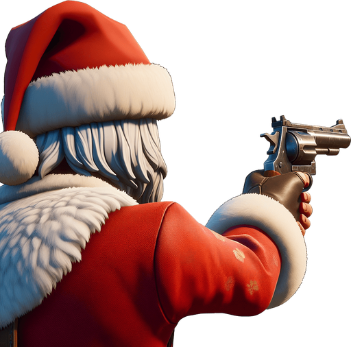 over the shoulder santa firing a revolver Single Game Texture. In-Game asset. 2d. Blank background. High contrast. No shadows.