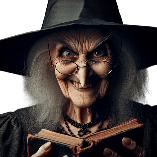 Old gloomy teacher witch with a malicious smile, with glasses, a twisted nose and a black conical hat, holding a book and looking at the camera.
Torso head and hat should appear