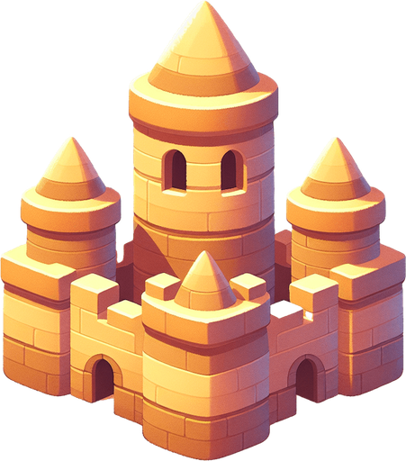 face view of a simple sandcastle with 2 flat towers on the sides and a central one a bit higher but flat too..
casual game style