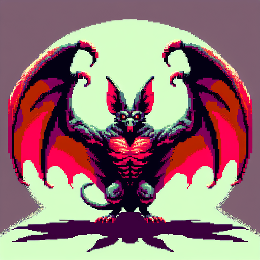 evil large flying bat, front view, I want the art style to reflect a classic 16-bit retro pixel art aesthetic, reminiscent of early 1990s RPGs with vibrant colors..
Single Game Texture. In-Game asset. 2d. Blank background. High contrast. No shadows.