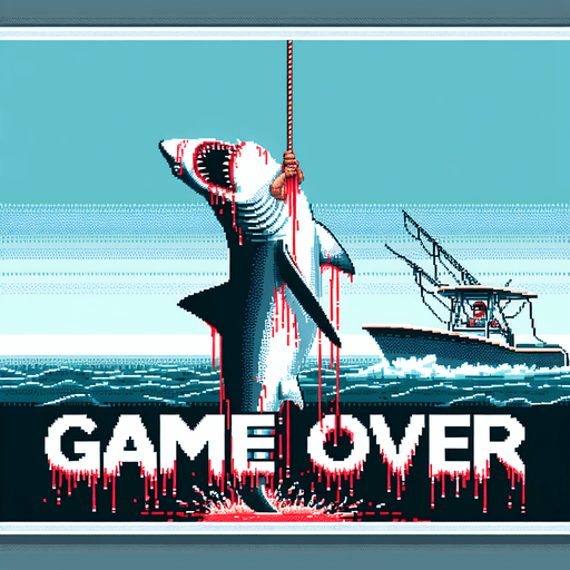 high quality pixel art based background image for a movie showing a Shark hung on a hunting fishing yacht. GAME OVER text written in sharp white fangs text with red blood dripping all around the text.
Single Game Texture. In-Game asset. 2d. Blank background. High contrast. No shadows.