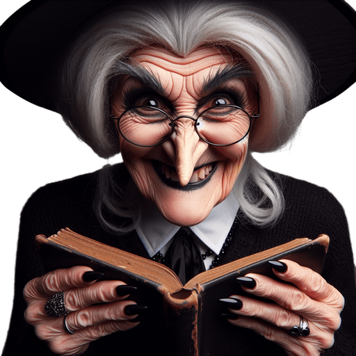 Old gloomy teacher witch with a malicious smile, with glasses, a twisted nose and a black conical hat, holding a book and looking at the camera.
Torso head and hat should appear