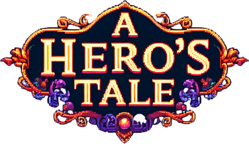 "A Hero's Tale" title screen text I want the art style to reflect a classic 16-bit retro pixel art aesthetic, reminiscent of early 1990s RPGs with vibrant colors. The environment should have a rich, fantasy-themed design with intricate backgrounds and a nostalgic, old-school feel..
Single Game Texture. In-Game asset. 2d. Blank background. High contrast. No shadows.