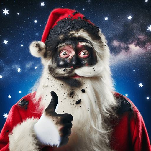 A funny Santa Claus  disheveled and covered by black soot after an explosion. stary night. High contrast.