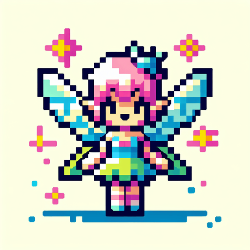 8-bit cartoon colorfull square fairy..
Single Game Texture. In-Game asset. 2d. Blank background. High contrast. No shadows.