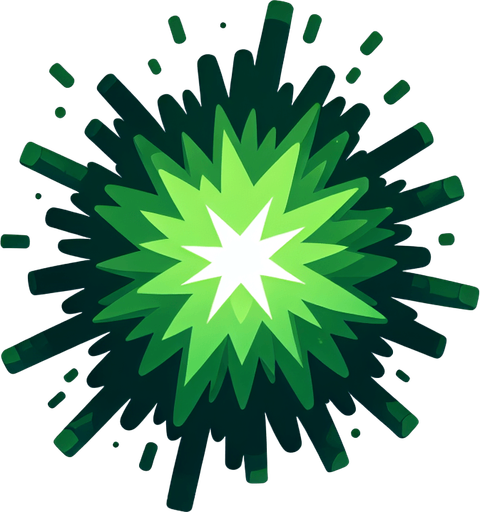 single green firework explosion . Single Game Texture. In-Game asset. 2d. Blank background. High contrast. No shadows.