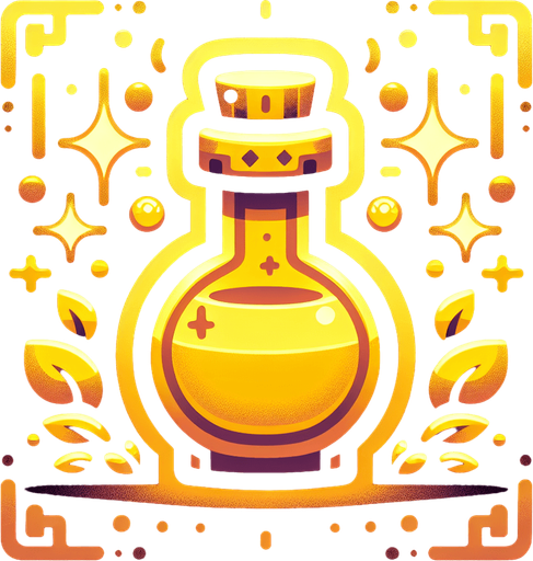 potion magique jaune.
Single Game Texture. In-Game asset. 2d. Blank background. High contrast. No shadows.