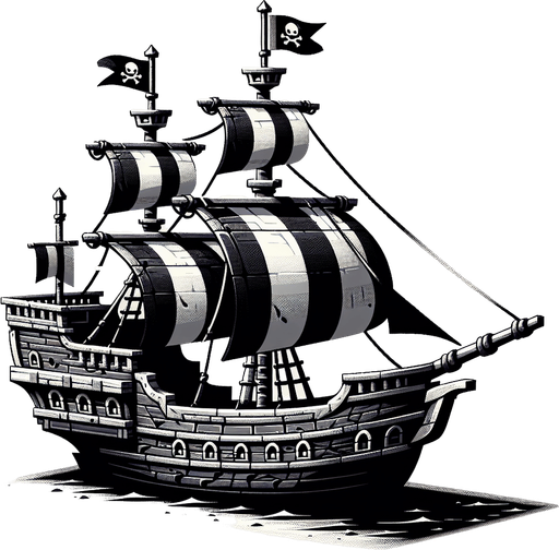 pirate caravel, side view, black and white,.
Single Game Texture. In-Game asset. 2d. Blank background. High contrast. No shadows.