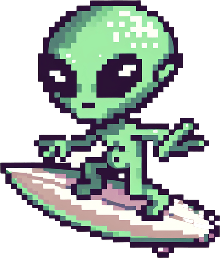 pixelart. a cool green alien in side perspective, surfing on a surfboard, arms out wide for balance. the alien should have a determined grin on his face, but not be scary looking. the alien should be green but could have multiple eyes, tentacles, or other unexpected features..
Single Game Texture. In-Game asset. 2d. Blank background. High contrast. No shadows.