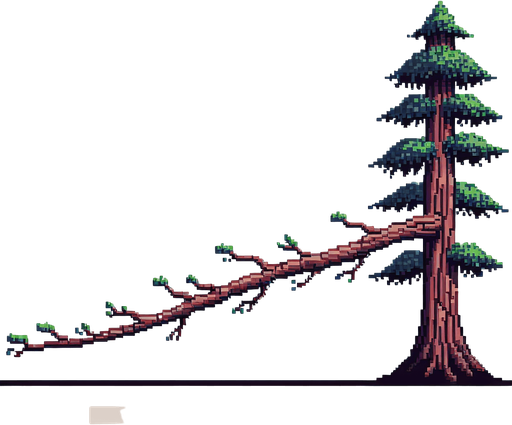 pixelart. A ong horizontally growing  branch grown from a redwood tree. The tree itself should not be included in the image, only the branch..
Single Game Texture. In-Game asset. 2d. Blank background. High contrast. No shadows.