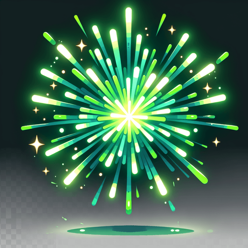 single green firework explosion . Single Game Texture. In-Game asset. 2d. Blank background. High contrast. No shadows.