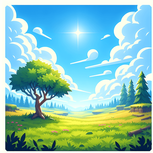 A grassy field with a bright blue sky.
In-Game asset. 2d. High contrast. No shadows.