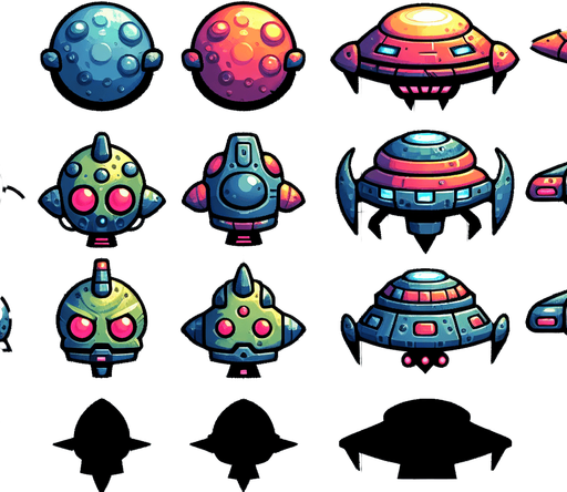 Sprite sheet of different Enemy Boss spaceship, alien looking. Vibrant colors. Cartoon feeling. 4 sprites per sprite sheet.
Single Game Texture. In-Game asset. 2d. Blank background. High contrast. No shadows.