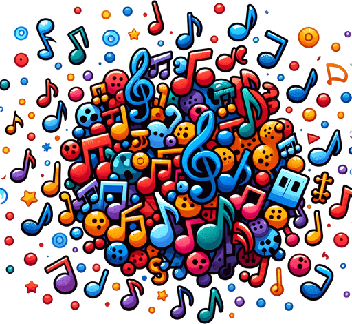 Create a cartoon-style illustration of a mix of colorful music notes.
Single Game Texture. In-Game asset. 2d. Blank background. High contrast. No shadows.