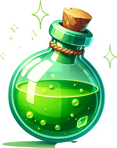 potion magique verte.
Single Game Texture. In-Game asset. 2d. Blank background. High contrast. No shadows.