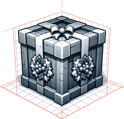 2d opened christmas crate Single Game Texture. In-Game asset. 2d. Blank background. High contrast. No shadows.