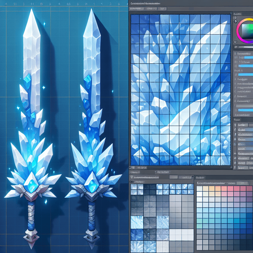 Magical elemental crystal sword made of ice..
Single Game Texture. In-Game asset. 2d. Blank background. High contrast. No shadows.