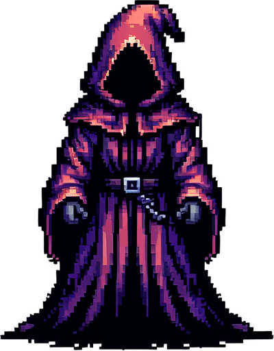 evil hooded wizard, full body, front facing, I want the art style to reflect a classic 16-bit retro pixel art aesthetic, reminiscent of early 1990s RPGs with vibrant colors..
Single Game Texture. In-Game asset. 2d. Blank background. High contrast. No shadows.