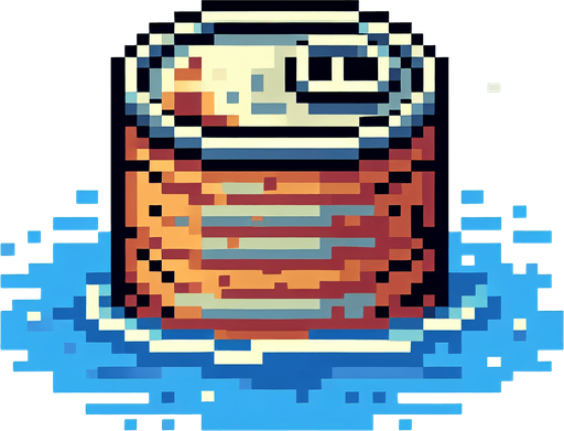 8 bit. cartoon. old open can. rusty . floating in the water.  in game asset. no background. Single Game Texture. In-Game asset. 2d. Blank background. High contrast. No shadows.