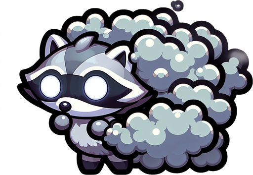 Raccoon Chibi character covered in smoke full bodied transparent background Single Game Texture. In-Game asset. 2d. Blank background. High contrast. No shadows.