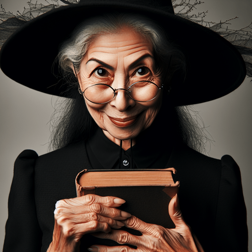 Old gloomy teacher witch with a malicious smile, with glasses, a twisted nose and a black conical hat, holding a book and looking at the camera.
Torso head and hat should appear