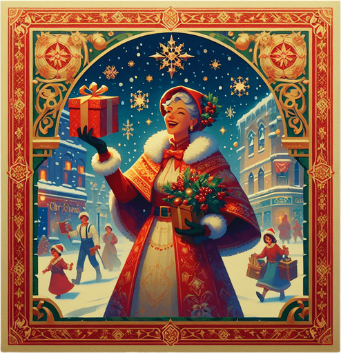 a christmas poster showcasing miss santa clause Single Game Texture. In-Game asset. 2d. Blank background. High contrast. No shadows.