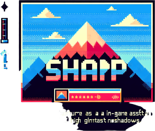 colored text saying (SHARP).
 Single Game Texture. In-Game asset. 2d. Blank background. High contrast. No shadows. pixelated. 8 bit. retro