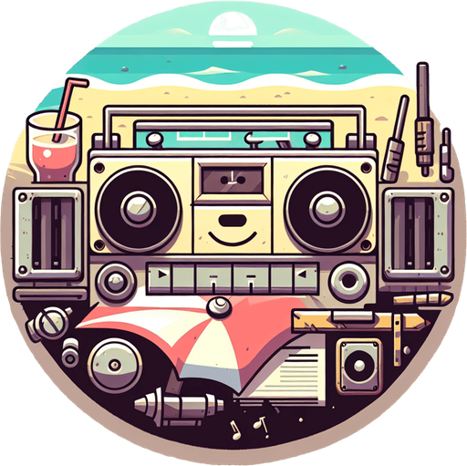 Create a cartoon-style illustration of a mix of a beach radio. Front View.
Single Game Texture. In-Game asset. 2d. Blank background. High contrast. No shadows.