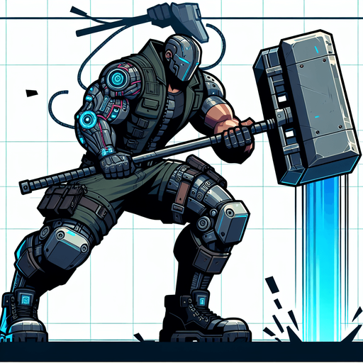 a cyberpunk bodybuilder with a sledgehammer.
Single Game Texture. In-Game asset. 2d. Blank background. High contrast. No shadows.