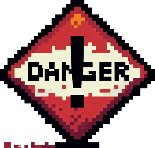 danger sign with an exclamation mark and the word 'danger' written on it, front view, I want the art style to reflect a classic 16-bit retro pixel art aesthetic, reminiscent of early 1990s RPGs..
Single Game Texture. In-Game asset. 2d. Blank background. High contrast. No shadows.