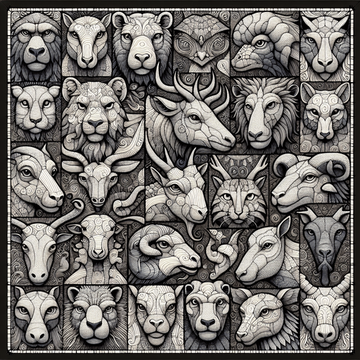 Patchwork of heads of plenty animals..
Single Game Texture. In-Game asset. 2d. Blank background. High contrast. No shadows.