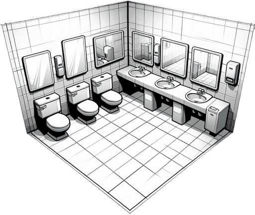 toilet room background.
Single Game Texture. In-Game asset. 2d. Blank background. High contrast. No shadows.